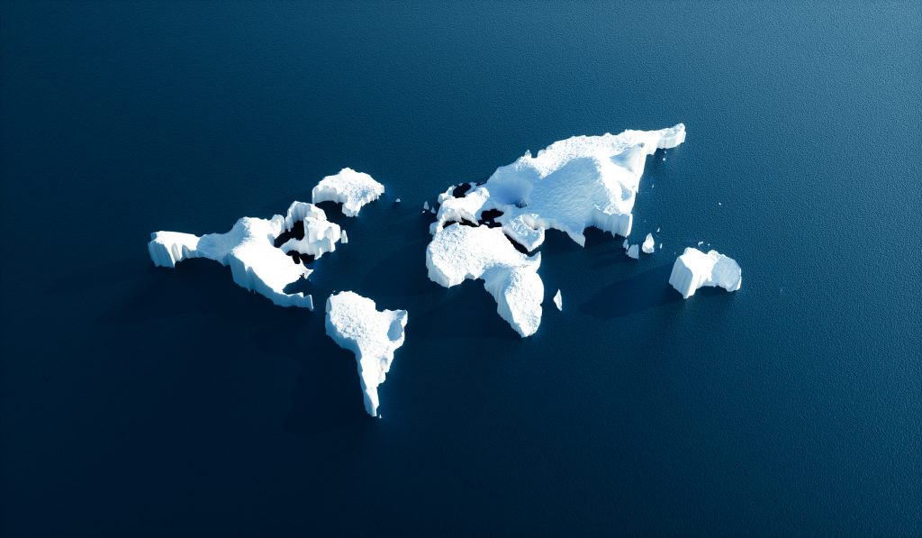 Conceptual image of melting world shaped glacier in deep blue water.