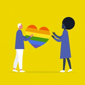 illustration of one person handing another person a rainbox heart