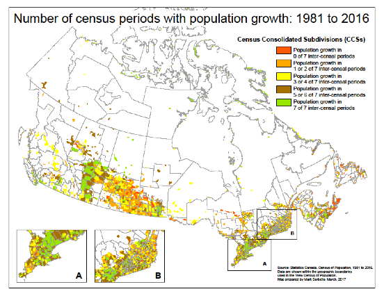 Map: Number of census periods with population growth