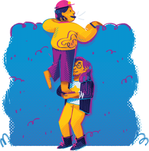 illustration of person giving another person a leg up to look over a tall hedge