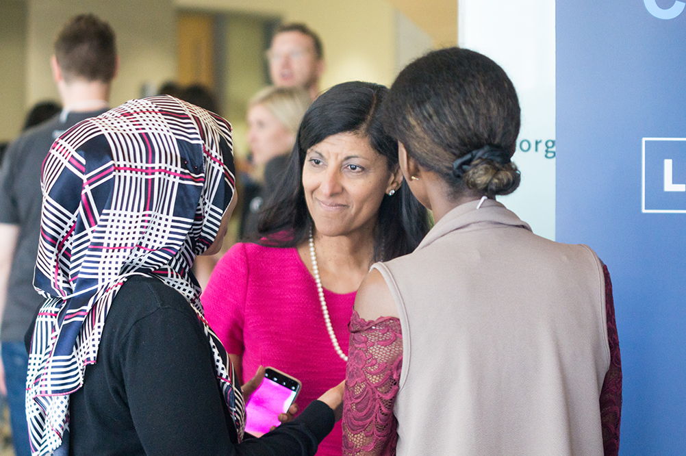 Zabeen Hirji chats with participants at CivicAction’s YouthConnect event in 2017. YouthConnect helps youth prepare for the future of work through free online skills-building events focused on job searching, networking, and financial literacy. 