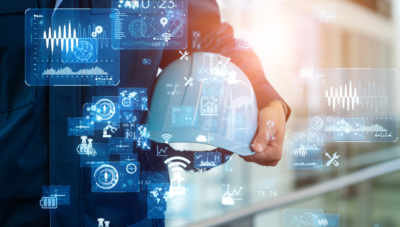 image of worker holding construction hat overlaid with technology icons