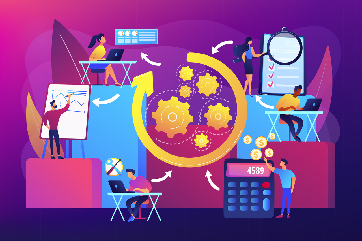 Workforce organization and management illustration concept. People doing different jobs around large circular arrow.