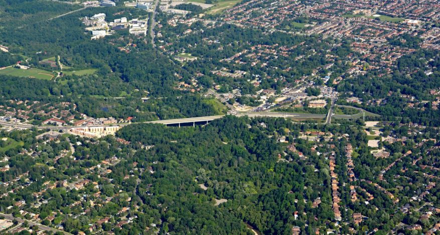 Aerial view of the Kingston road area in Scarborough, Ontario.