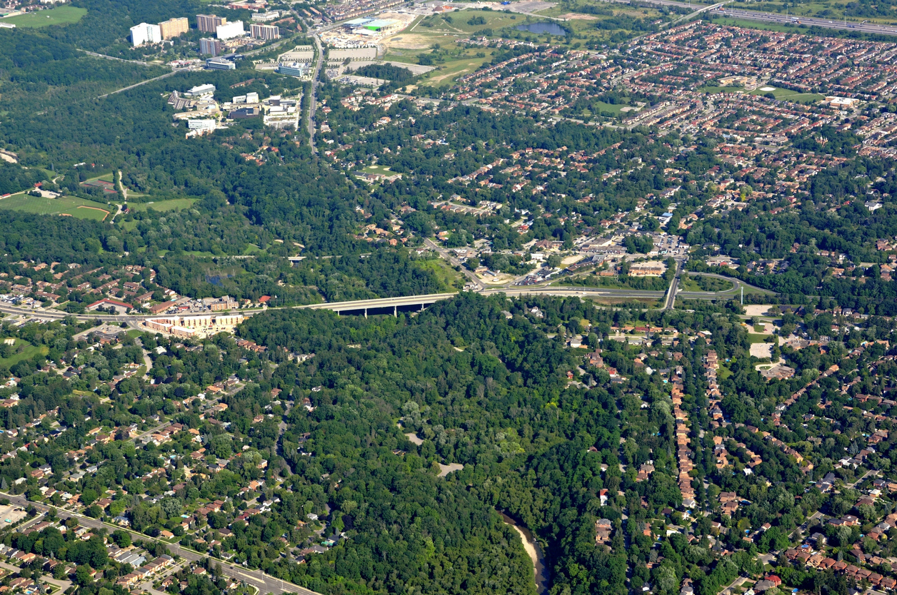 Aerial view of the Kingston road area in Scarborough, Ontario.