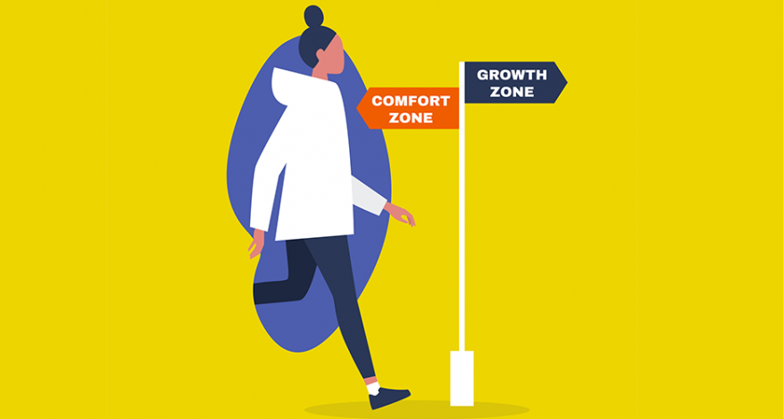 Illustration of woman walking toward sign with arrow pointing backward with text "Comfort zone" and forward with text "Growth zone."