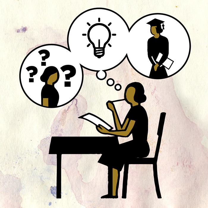 Illustration of woman sitting at desk with thought bubbles showing question marks, light bulb and woman graduating.