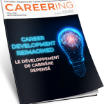 ceric-careering-landing-fall-21 Careering magazine cover: Image of neon glowing lightbulb with brain inside beside blue text "CAREER DEVELOPMENT REIMAGINED"
