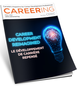 Careering magazine cover: Image of neon glowing lightbulb with brain inside beside blue text "CAREER DEVELOPMENT REIMAGINED"
