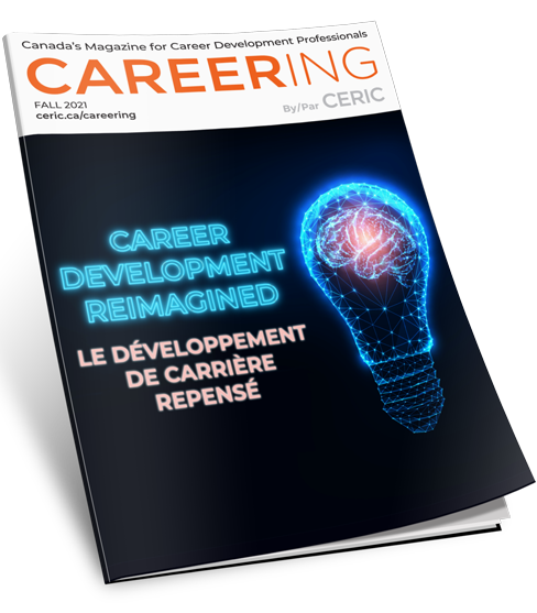 Careering magazine cover: Image of neon glowing lightbulb with brain inside beside blue text "CAREER DEVELOPMENT REIMAGINED"