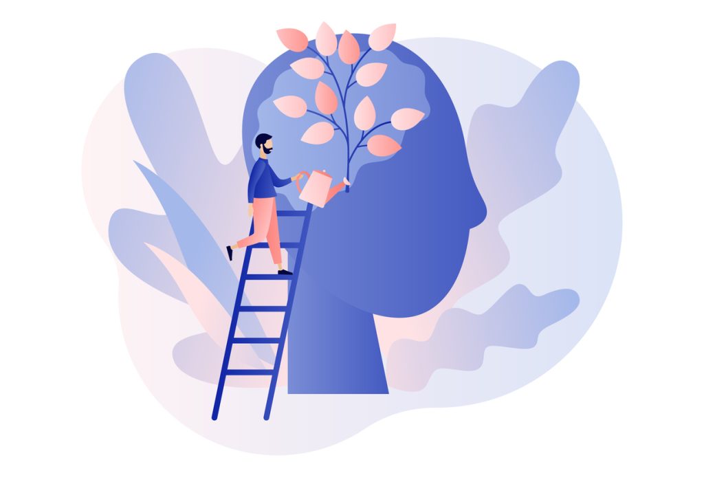 Personal Growth Tiny Man Watering That Growing Plant From The Brain As Metaphor Growth