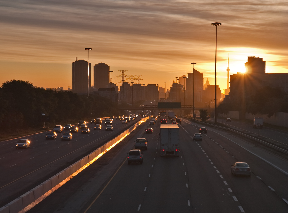 Sun rising over Toronto cityscape