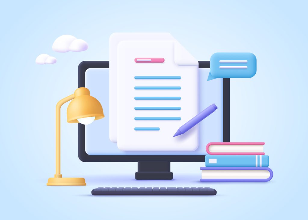 Vector illustration of laptop, computer lamp, speech bubble and books on blue background with clouds
