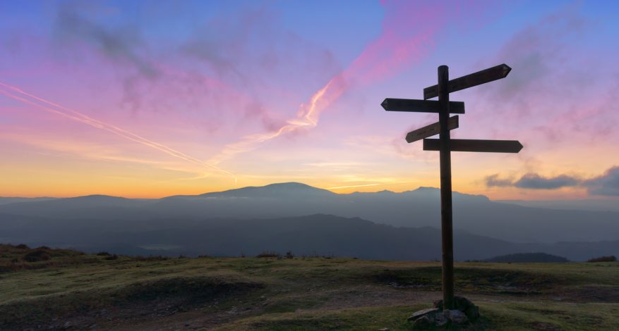 wooden signpost on mountain at sunset