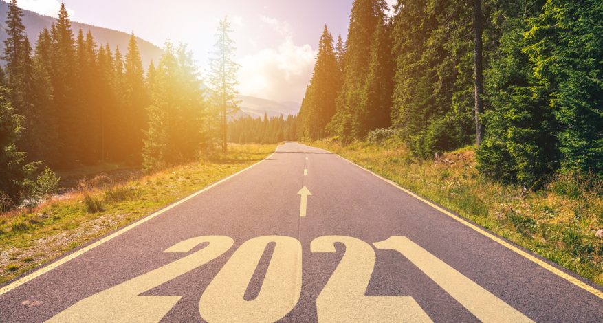 2021 printed on road going through forest