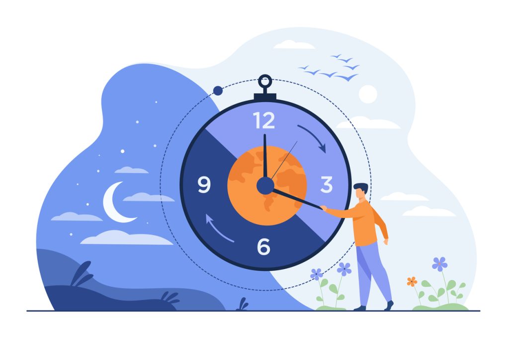 Illustration of man moving clock arrows and managing time. 