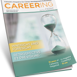 careering-landing Magazine cover image. Careering masthead, hourglass with green sand, and text HINDSIGHT AND FORESIGHT