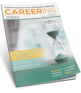 Magazine cover image. Careering masthead, hourglass with green sand, and text HINDSIGHT AND FORESIGHT