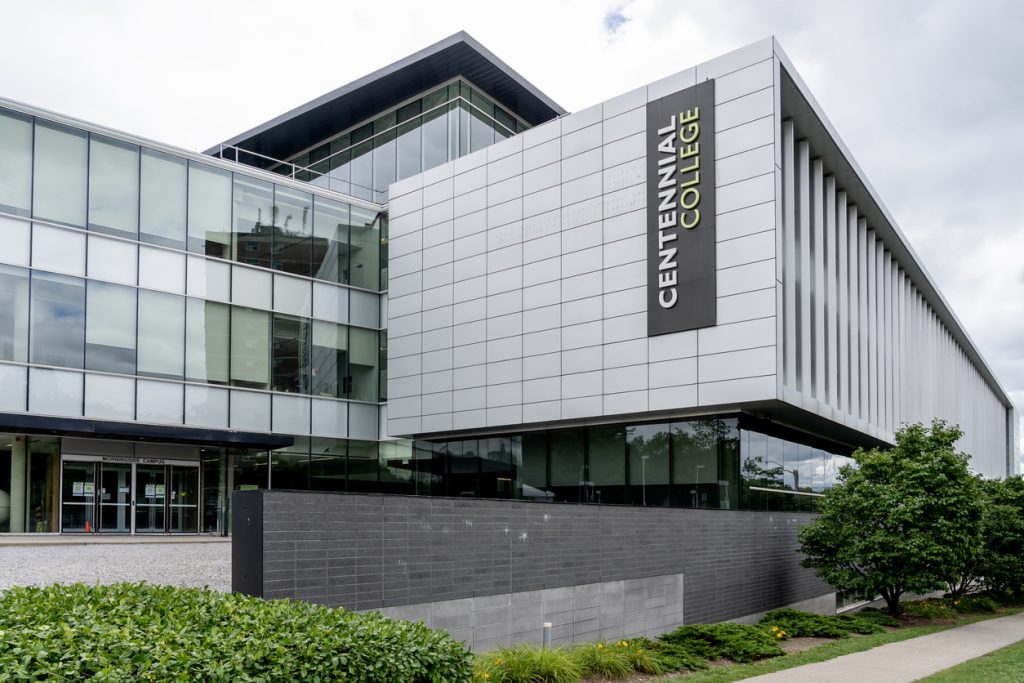 Silver-coloured building on Centennial College campus.