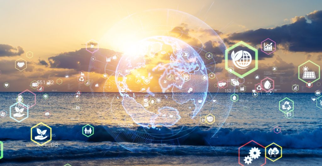 Image of ocean at sunset overlaid with icons representing sustainability around translucent globe