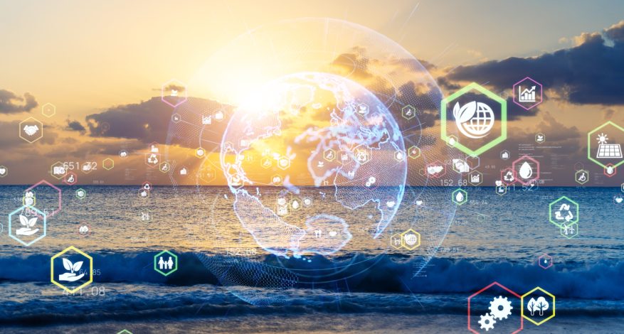 Image of ocean at sunset overlaid with icons representing sustainability around translucent globe