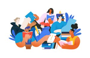 Illustration of diverse group of college students reading books