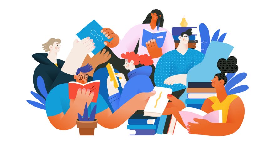 Illustration of diverse group of college students reading books