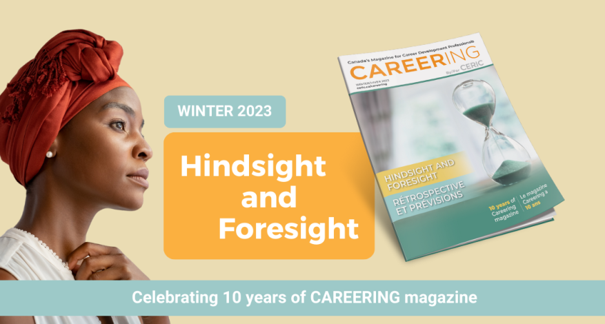 Careering magazine cover showing hourglass with green sand and text HINDSIGHT AND FORESIGHT | 10 years of Careering magazine