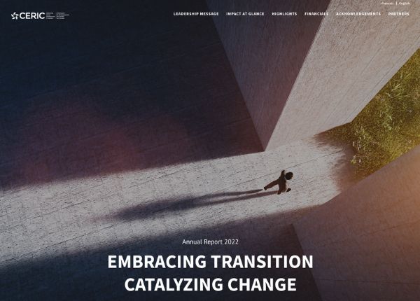 Screenshot of the CERIC 2022 Annual Report webpage. There is a concept image of an individual walking from a dark room shaded by 2 large walls, towards a bright outdoor landscape.