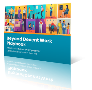 Cover of Beyond Decent Work Playbook, in landscape. Top half of cover is grid of illustrated images of people working in different settings. Bottom is in teal and has title in white.
