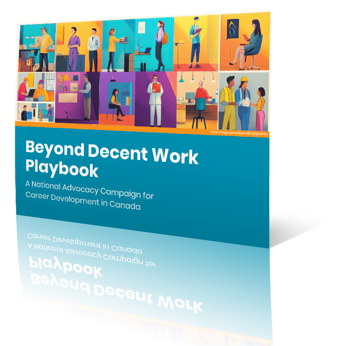 Cover of Beyond Decent Work Playbook, in landscape. Top half of cover is grid of illustrated images of people working in different settings. Bottom is in teal and has title in white.